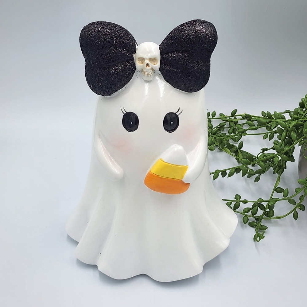 Halloween Ghost Figurine Black Glitter Bow Skull Candy Corn Kawaii 9.5" Resin